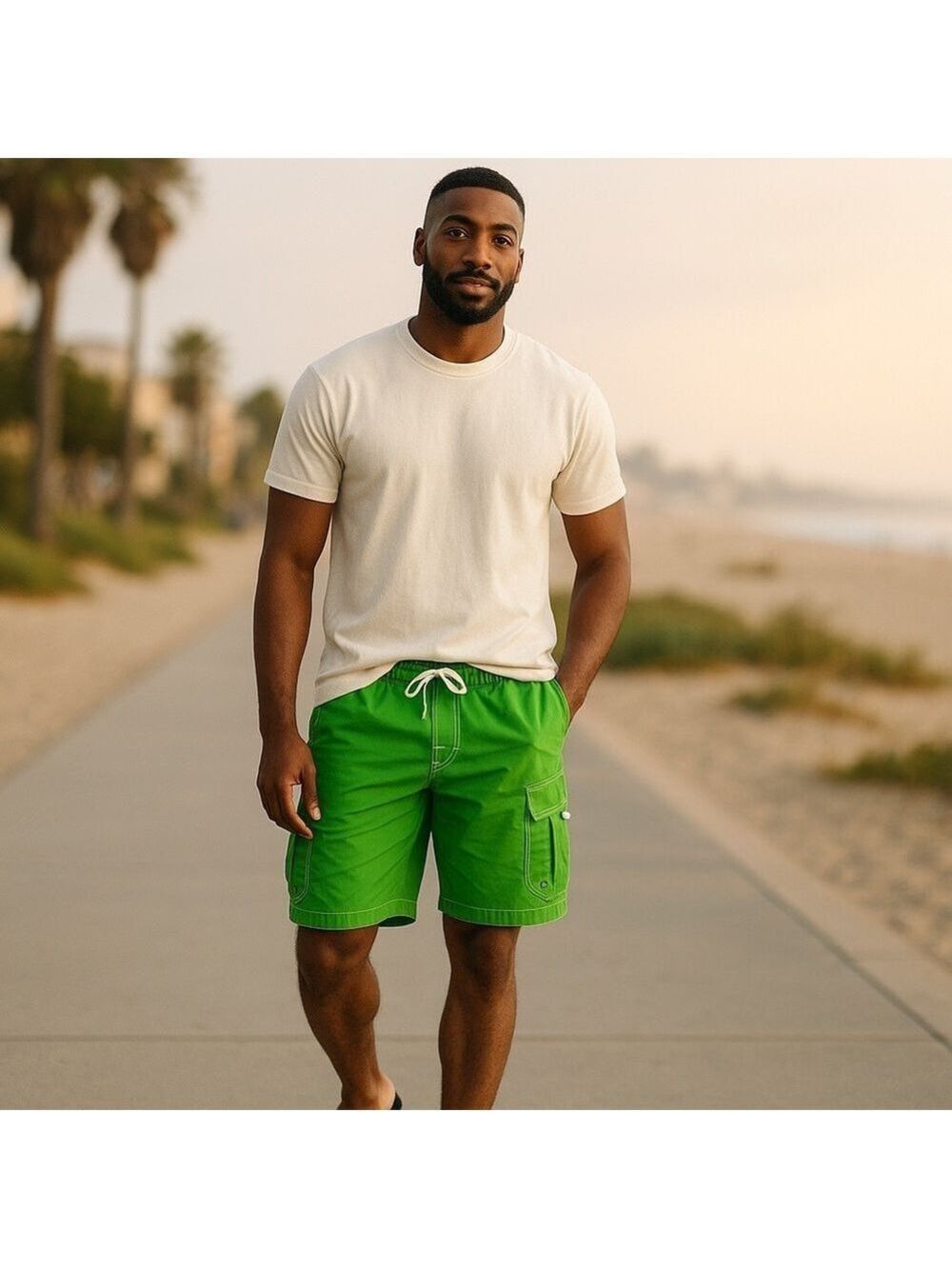 No Boundaries Lime Green Cargo Swim Trunks